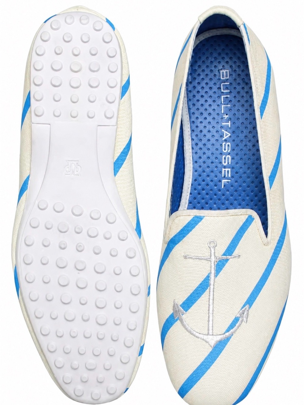 Bull + Tassel Cream & Blue Canvas Slip-On Loafers